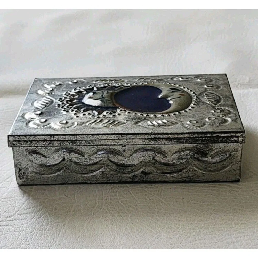 Vintage Celestial Moon Sun Pottery Aluminum Jewelry Trinket Box RARE